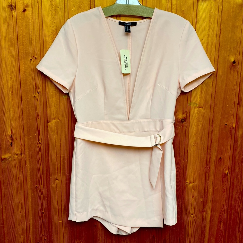 NWT Forever 21 Light Pink V- neck Jumpsuit Shorts with Cover at Front & Belt